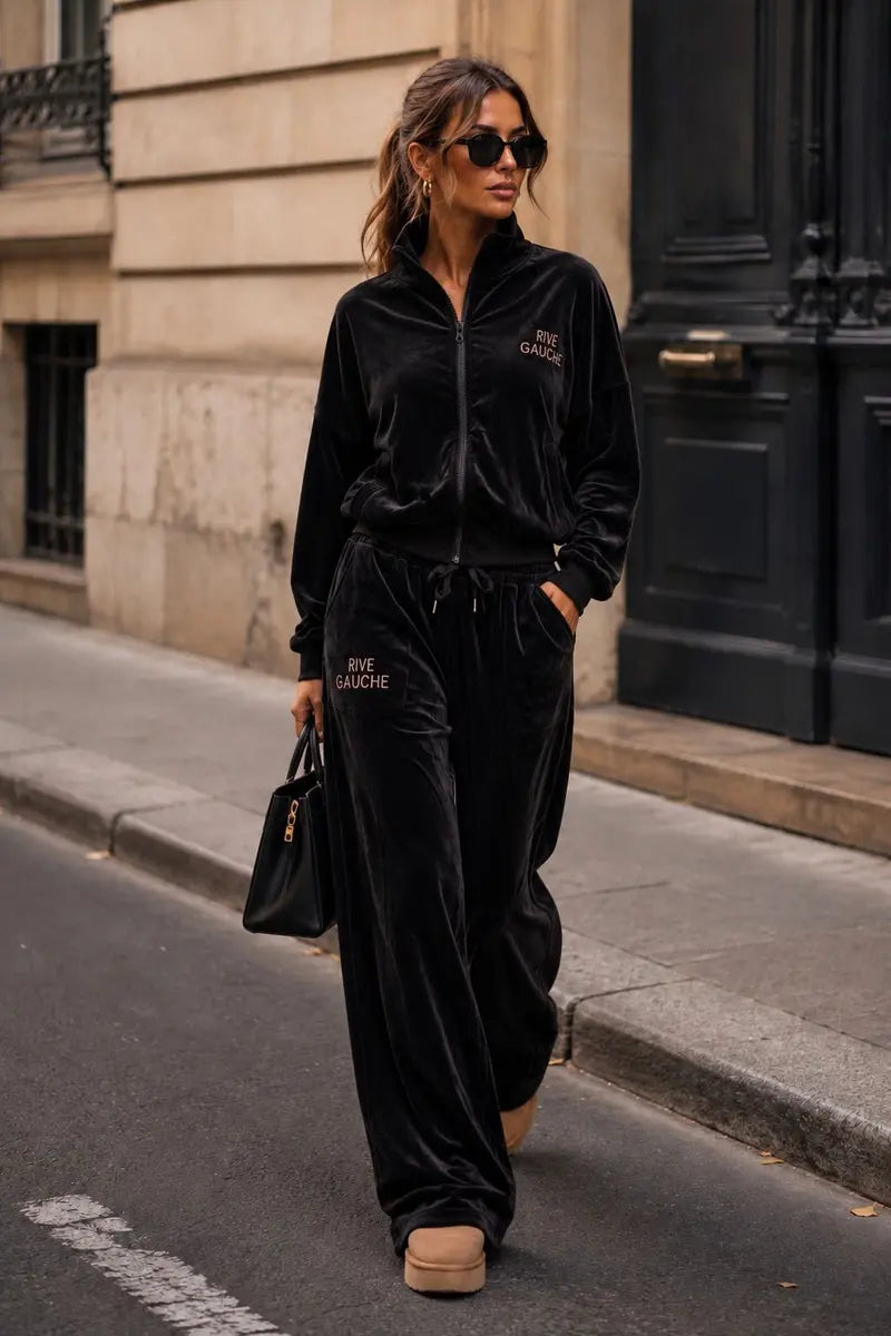 Rive Gauche Velvet Set met Wide Leg Broek – Zwart