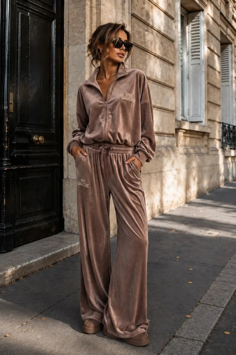 Rive Gauche Velvet Set met Wide Leg Broek – Bordeaux