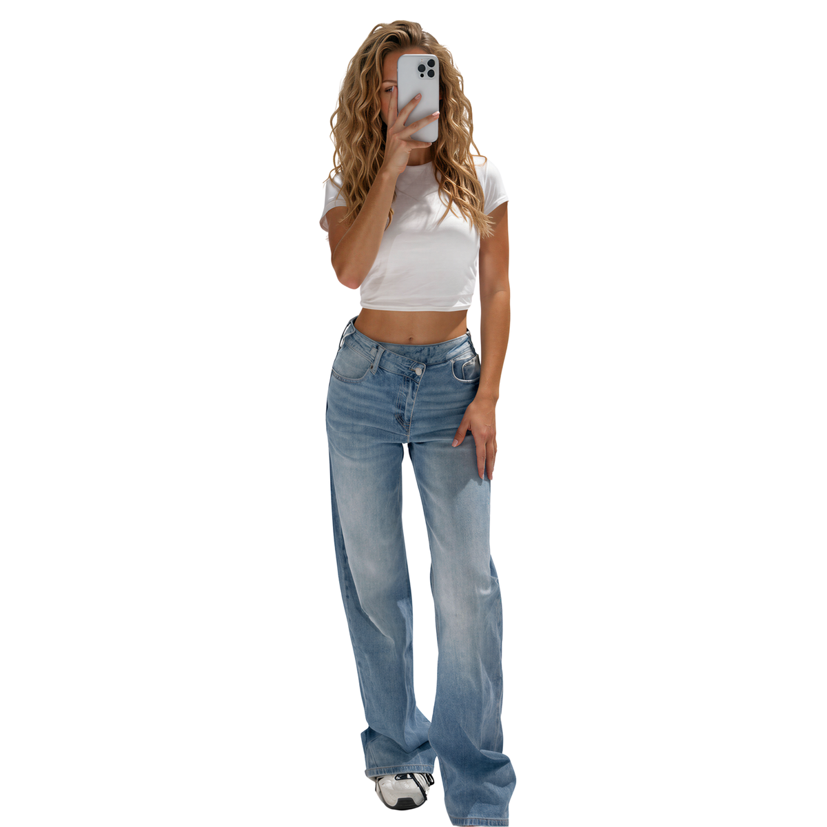 Cross Waist Jeans – Mid Blue