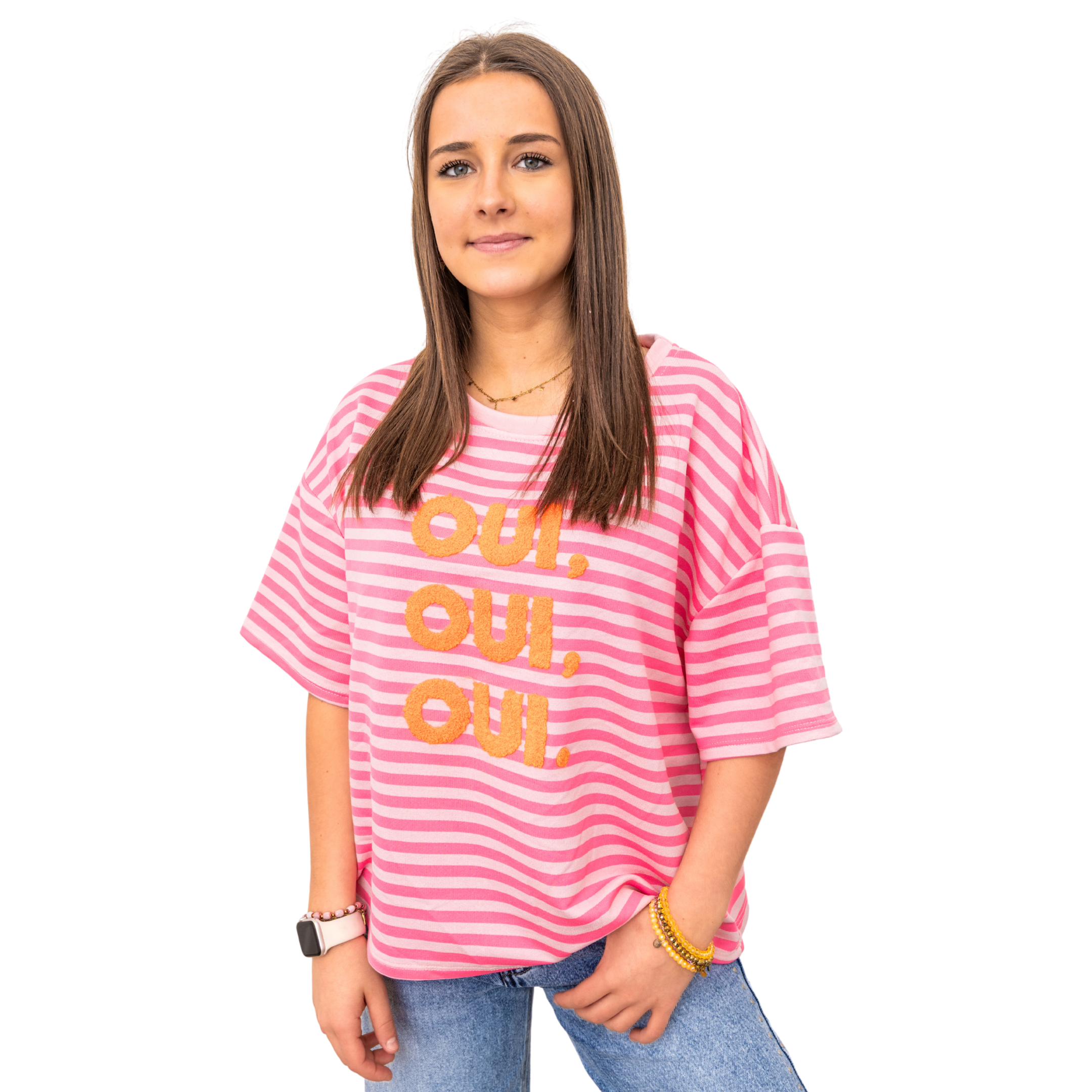 3x Oui Stripe T-shirt – Pink/Hot Pink