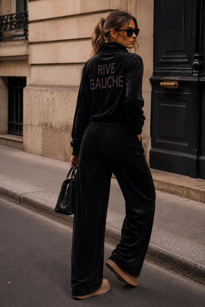 Rive Gauche Velvet Set met Wide Leg Broek – Zwart