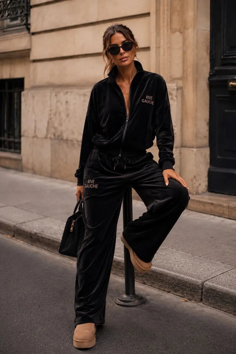 Rive Gauche Velvet Set met Wide Leg Broek – Zwart