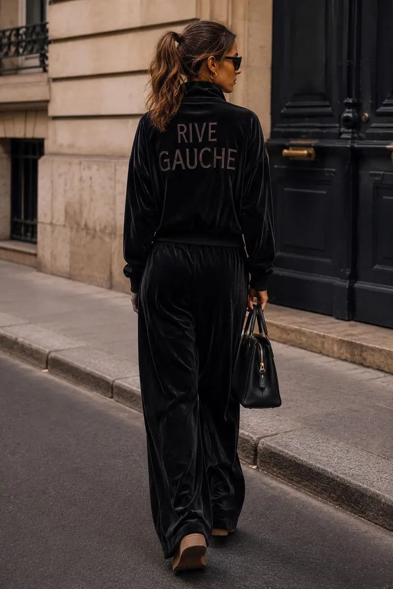 Rive Gauche Velvet Set met Wide Leg Broek – Zwart